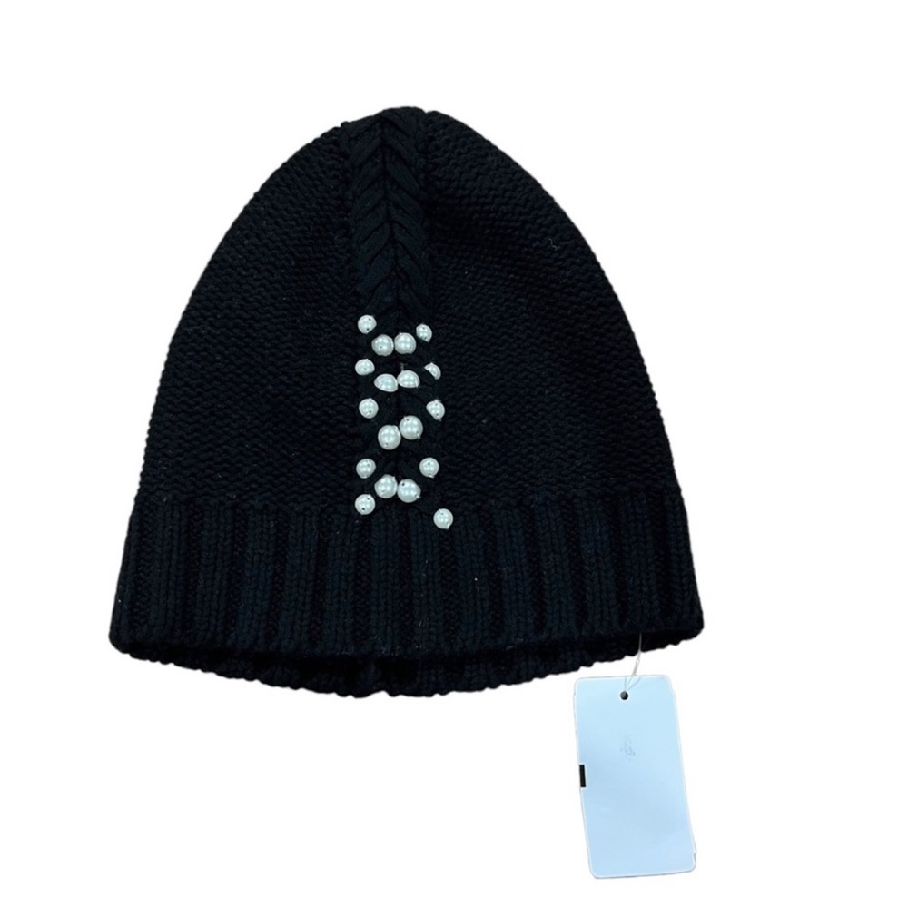 Badgely Mischka Wool Blend Knit Black Beanie with Imitation Pearls NWT